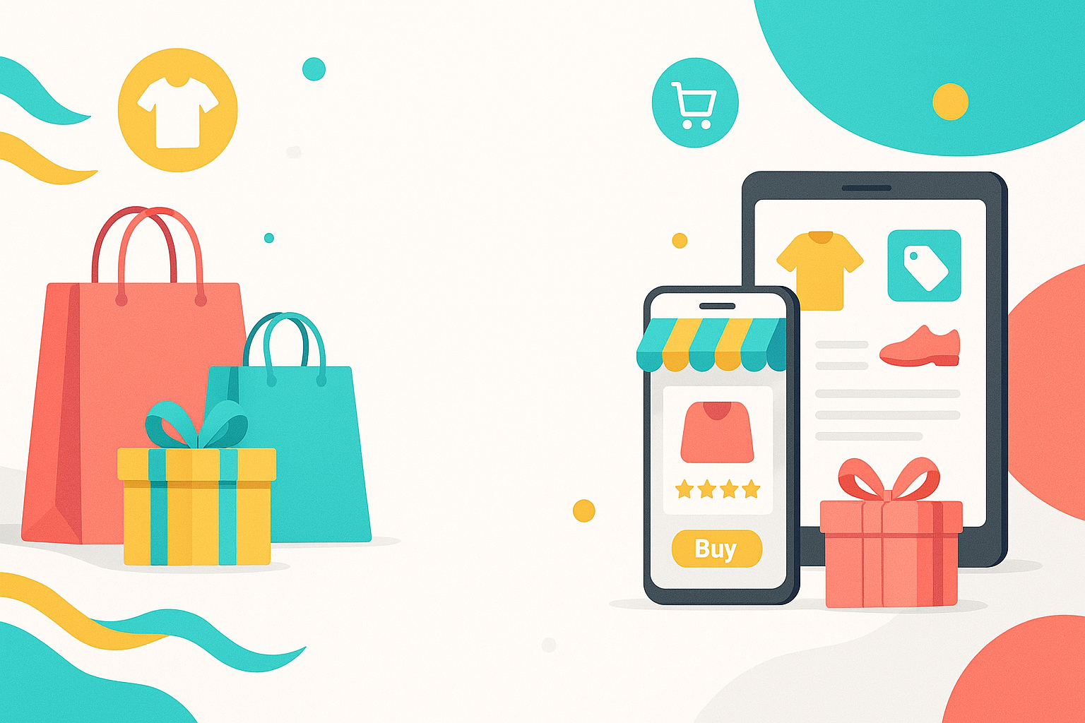 Create a vibrant and attractive banner for an online store. The banner should be visually appealing, modern, and professional, highlighting shopping, products, and a sense of excitement. Include elements like shopping bags, gift boxes, digital devices, and a sleek layout that draws attention. Use bright, friendly colors and clear space for adding store name or promotional text. The style should be clean, inviting, and suitable for an e-commerce website homepage.